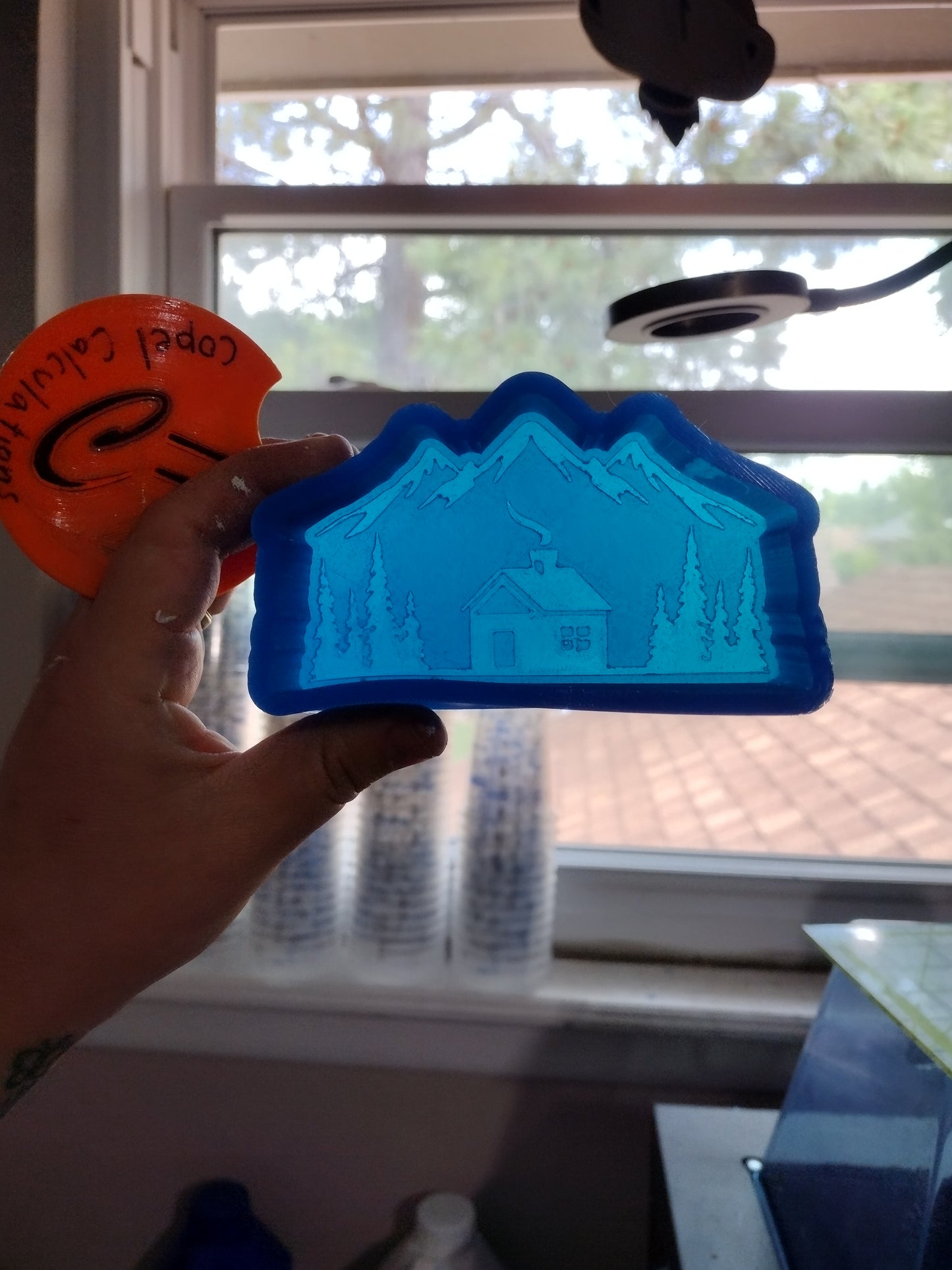 Cabin with trees and mountains